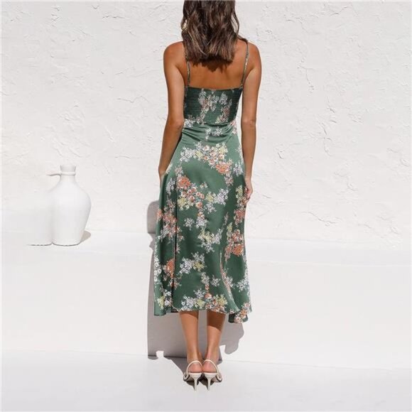 Green Floral Print Satin Tie Front A-Line Cami Dress Flowy Midi Party Dress - Picture 2 of 5